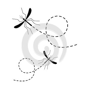 Mosquito icon. Mosquitoes flying on a dotted route. Vector illustration